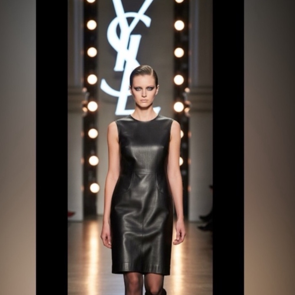 Authentic Saint Laurent luxury designer signature genuine black leather dress S